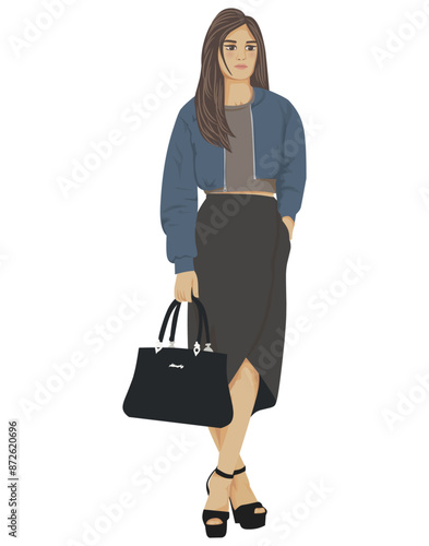 Fashion woman wearing jacket and skirt outfit and holding handbag full length vector illustration
