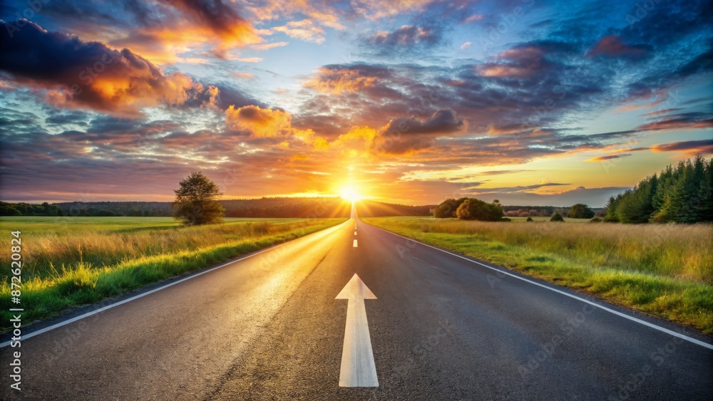 Serene empty road stretches ahead, arrow sign pointing to distant horizon, symbolizing new beginnings, future goals, and hopeful transformations unfolding. Serene empty road stretches ahead, arrow sign pointing to distant horizon, symbolizing new beginnings, future goals, and hopeful transformations unfolding.