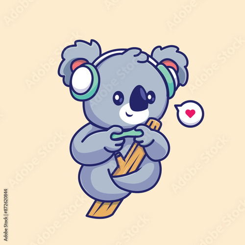 Cute Koala Playing Game On Tree Cartoon Vector Icon 
Illustration. Animal Technology Icon Concept Isolated 
Premium Vector. Flat Cartoon Style