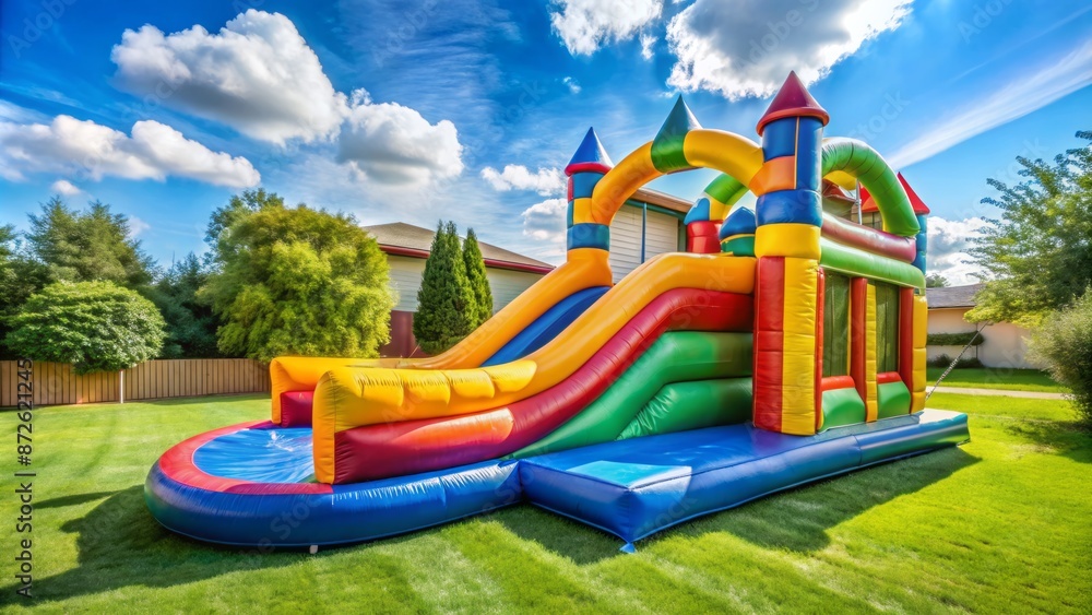 Vibrant inflatable water slide and bouncy castle combo for kids' backyard entertainment on a crisp, clear white background. Vibrant inflatable water slide and bouncy castle combo for kids' backyard entertainment on a crisp, clear white background.