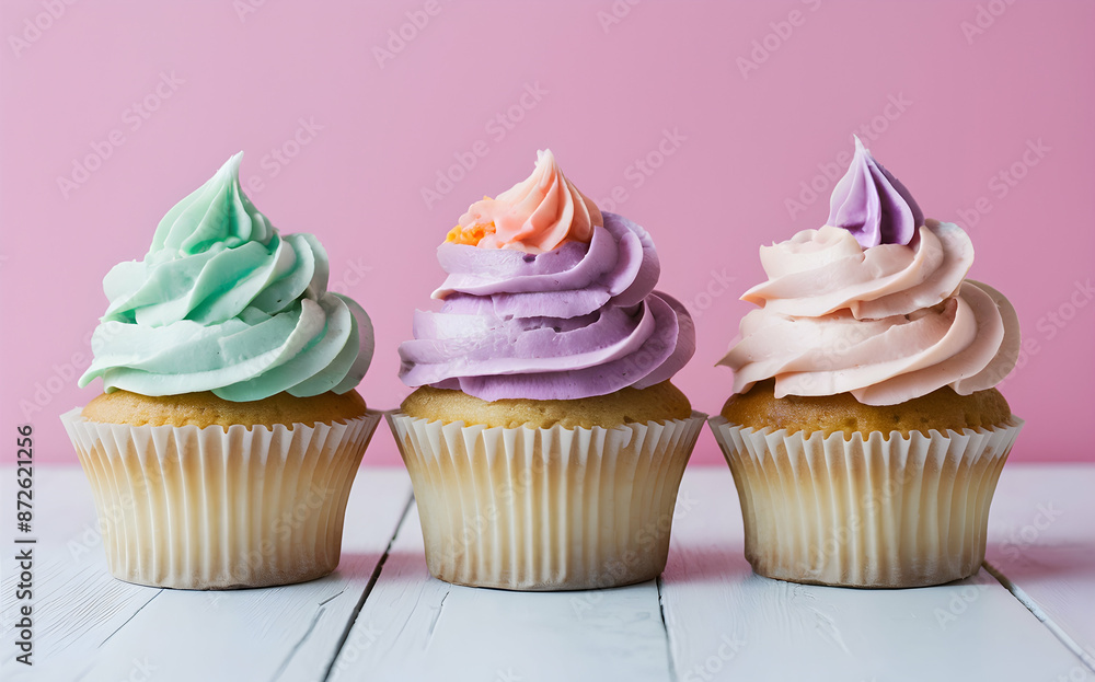 Decorated cupcakes with pastel frosting swirls Decorated cupcakes with pastel frosting swirls
