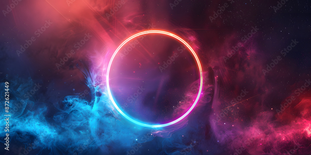 Glowing neon circle on a dark background with colorful mist and sparkles, the design Glowing neon circle on a dark background with colorful mist and sparkles, the design
