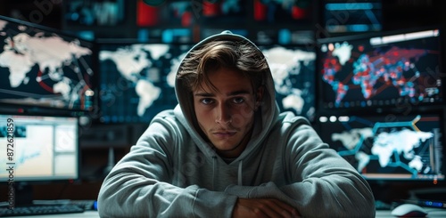 Young Man in Hoodie Working in Front of Multiple Computer Monitors With World...
