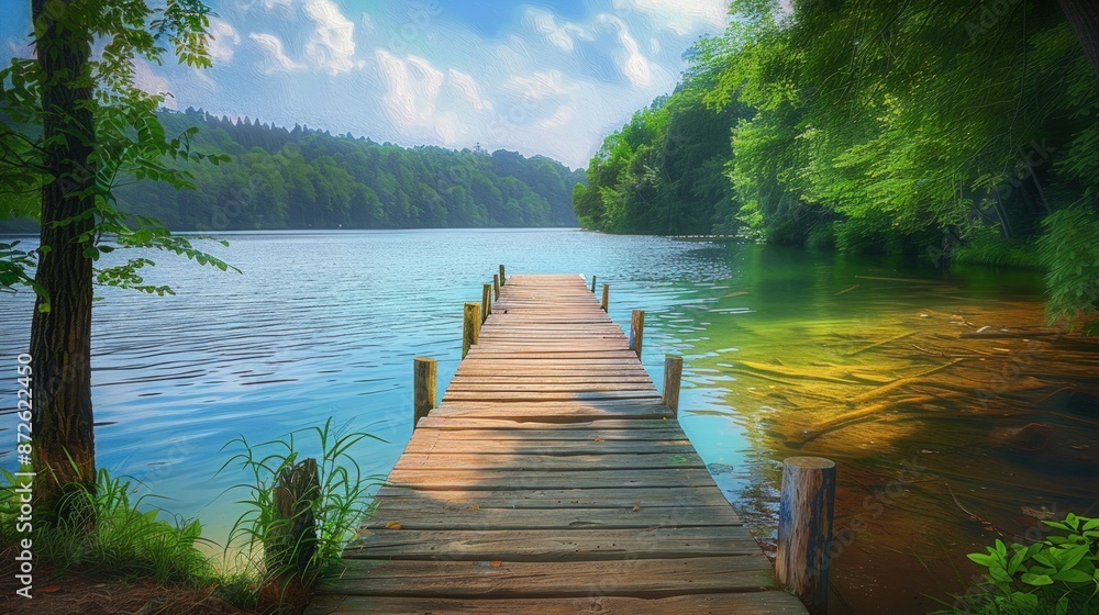 A painting of a wooden bridge over a lake with trees in the background. Generate AI A painting of a wooden bridge over a lake with trees in the background. Generate AI