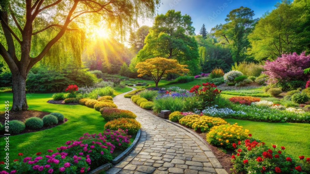 Obraz premium Serene sunny afternoon landscape of a lush green park with a winding stone path and vibrant blooming flowers everywhere.