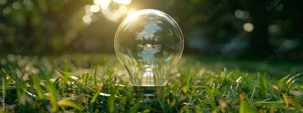 Transparent bulb standing on green grass symbolizing the advent of a new era of innovation or ideas Transparent bulb standing on green grass symbolizing the advent of a new era of innovation or ideas