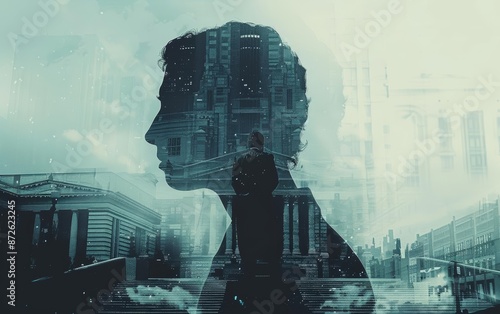 Fairness close up, focus on, copy space, fair judgments, Double exposure silhouette with counsel