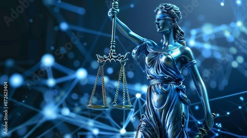 Lady Justice statue with scales of justice and blindfold, surrounded by digital network.