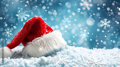 Close up shot of Santa clause hat with beautiful background and snowfall at the top of hat 
