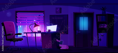 Night empty business office room interior with glow computer monitor on desk and cabinet with documents, blackboard with graph and neon city outside window. Cartoon vector dark evening workspace.
