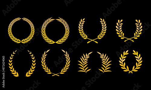 Golden laurel wreath silhouette vector collection and Minimal laurel sign vector icon logo in flat style on black background