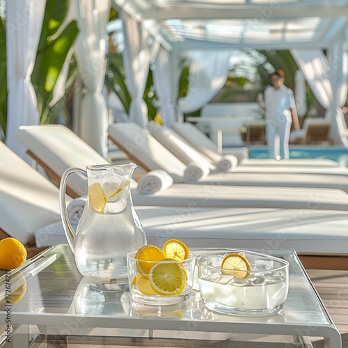 Luxurious Poolside Retreat with Refreshing Lemonade. waiter serving tray of food. reception at the restaurant.
