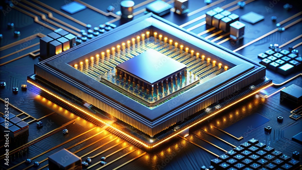 Sleek, high-tech CPU component with intricate circuitry and bright LED lights, symbolizing technological advancement and processing prowess. Sleek, high-tech CPU component with intricate circuitry and bright LED lights, symbolizing technological advancement and processing prowess.