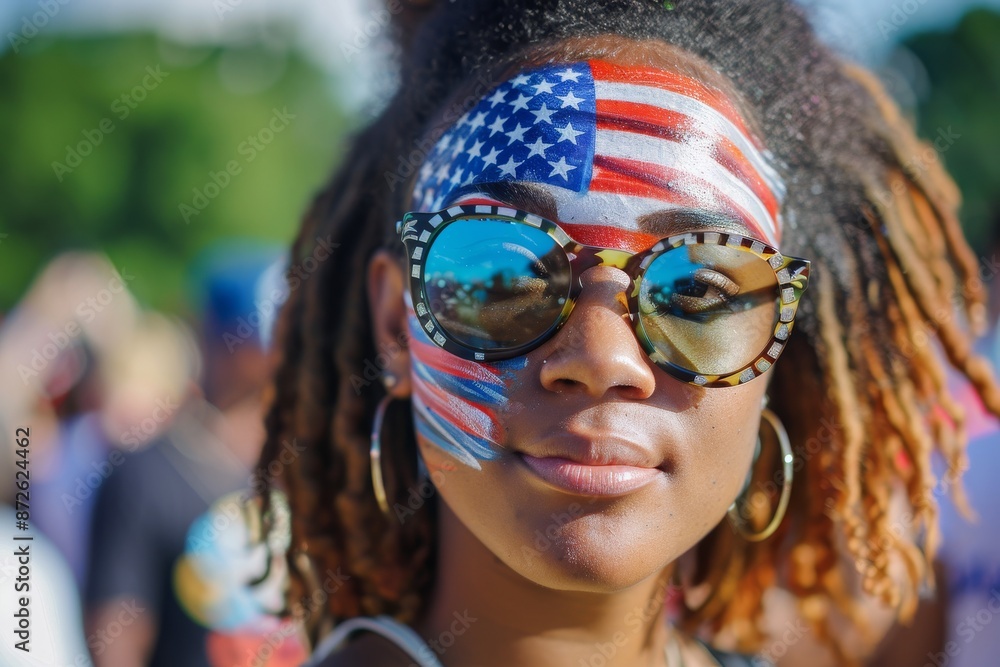 A woman with the American flag painted on her face at an outdoor festival A woman with the American flag painted on her face at an outdoor festival