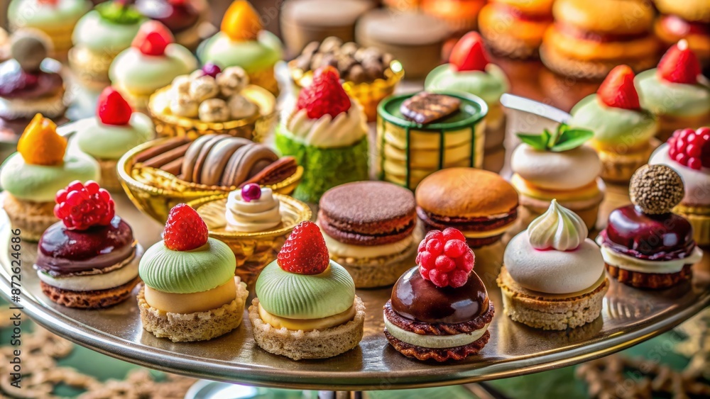 Elegant assortment of bite-sized pastries, chocolates, and fruit tartlets artfully arranged on a ornate platter, radiating luxury and refinement. Elegant assortment of bite-sized pastries, chocolates, and fruit tartlets artfully arranged on a ornate platter, radiating luxury and refinement.