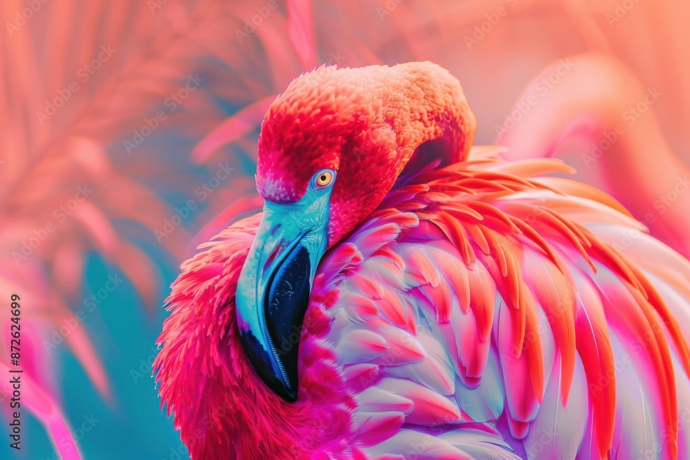 Fototapeta premium Bright flamingo with vividly colored feathers in a close-up shot.
