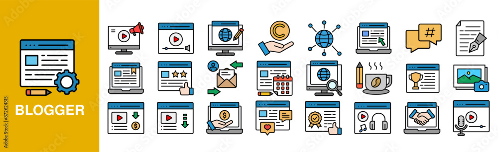 Blogger Icon Set For Design Elements, online, influencer, internet, blog, woman Blogger Icon Set For Design Elements, online, influencer, internet, blog, woman