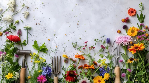 Fototapeta Naklejka Na Ścianę i Meble -  Captivating flat lay of gardening tools and vibrant flowers on a white backdrop with plenty of space for text, perfect for horticultural themes.