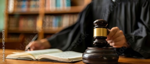 Judge's hand holding a gavel with a book in front of a bookshelf