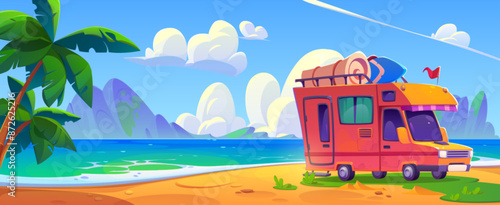 Trailer parked on summer beach. Vector cartoon illustration of seaside camp on sandy coast with green grass, tropical palm trees, mountains on horizon, baggage on top of van, sunny sky, holiday travel