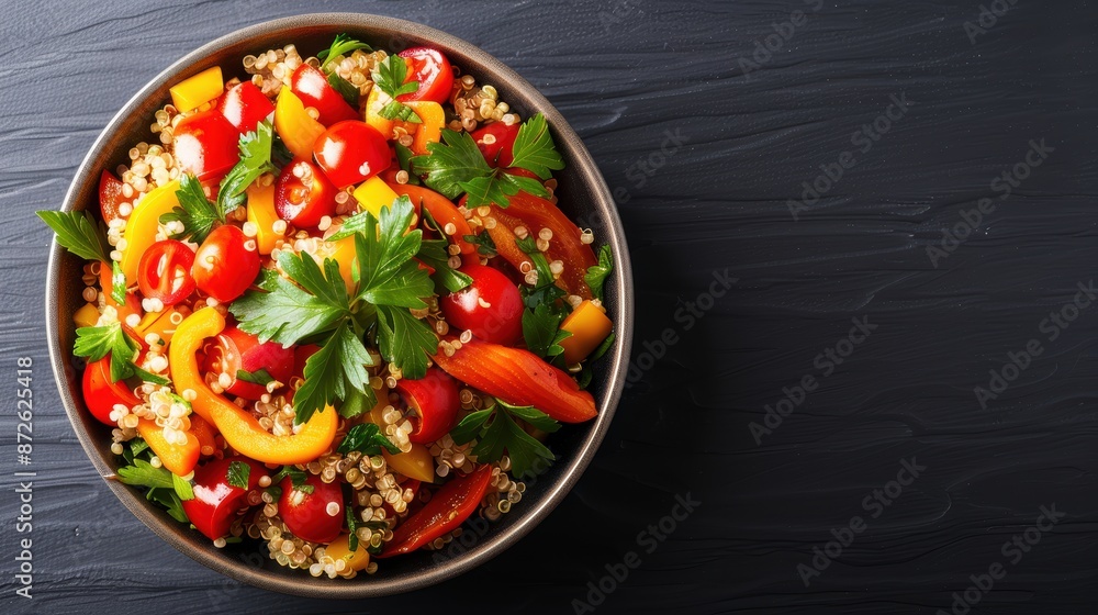 Colorful vegetable salad with quinoa and fresh parsley in a bowl on a dark wooden table, healthy and nutritious meal concept. Colorful vegetable salad with quinoa and fresh parsley in a bowl on a dark wooden table, healthy and nutritious meal concept.