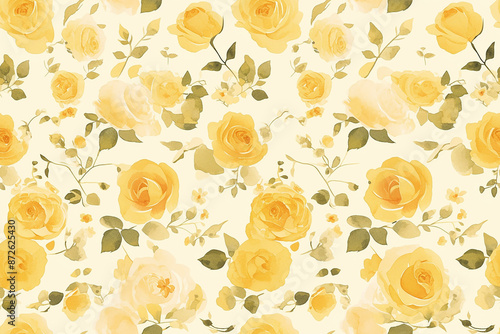 Elegant yellow roses with green leaves on a soft yellow background, forming a classic and timeless floral seamless pattern.