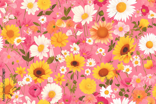 Bright and cheerful sunflowers, daisies, and other wildflowers on a pink background, making a lively and colorful seamless pattern. © BetterPhoto