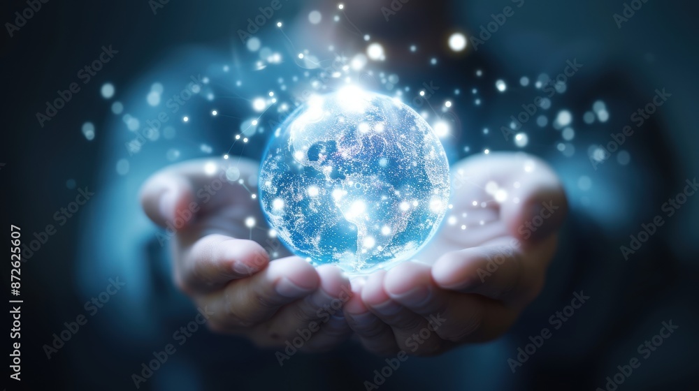 A glowing globe held in hands, symbolizing global connection, futuristic technology, and innovation in a dark background with bokeh lights. A glowing globe held in hands, symbolizing global connection, futuristic technology, and innovation in a dark background with bokeh lights.
