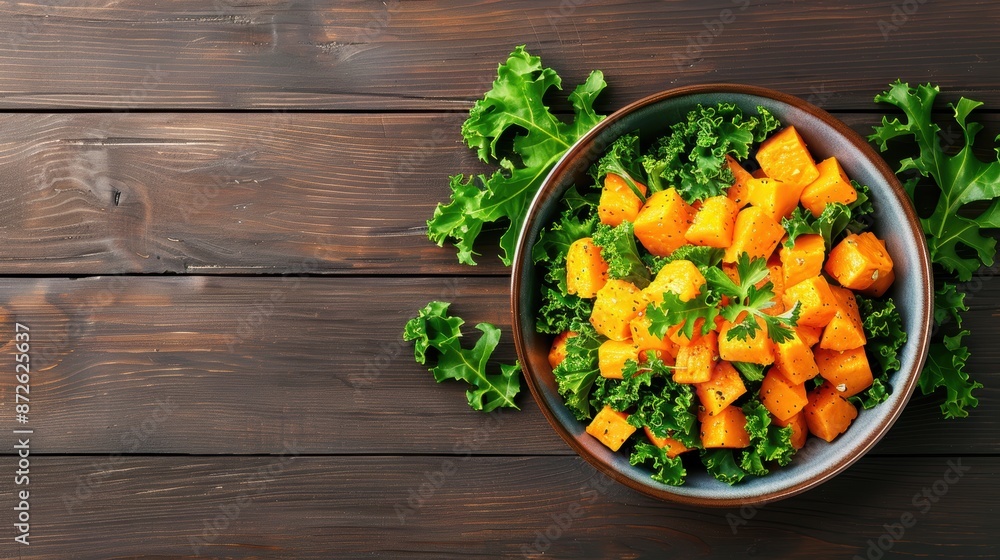 A healthy bowl of roasted sweet potatoes and kale on a rustic wooden table, perfect for promoting nutritious eating and natural lifestyle. A healthy bowl of roasted sweet potatoes and kale on a rustic wooden table, perfect for promoting nutritious eating and natural lifestyle.