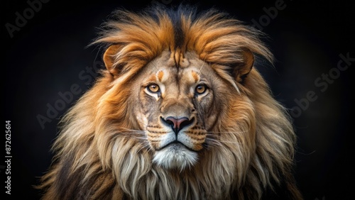 Majestic male African lion with shaggy mane and piercing eyes posed regally against a dark, velvety black background.