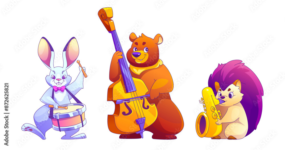 Obraz premium Cute bunny, bear, hedgehog playing music set isolated on white background. Contemporary vector cartoon illustration of funny animals performing on drum, contrabass, saxophone, pet jazz band show