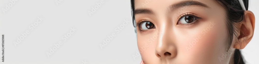 Obraz premium Beautiful Young Asian Girl with Natural Korean Makeup Touching Her Face, Featuring Healthy Perfect Skin, Blue Background, Ideal for Commercial Ads on Facial and Skincare Concepts, Beauty Industry, AI-