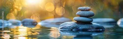 Stacked Stones in Calm Water at Sunset