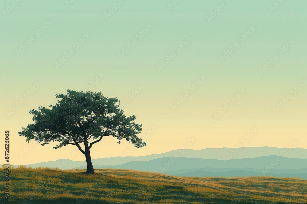 Minimalist landscape featuring a solitary tree and plenty of room for text, perfect for nature and travel themes. Minimalist landscape featuring a solitary tree and plenty of room for text, perfect for nature and travel themes.