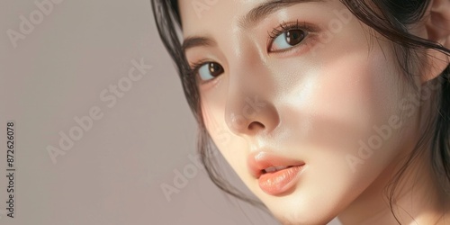 Beautiful Young Asian Girl with Natural Korean Makeup Touching Her Face, Featuring Healthy Perfect Skin, Blue Background, Ideal for Commercial Ads on Facial and Skincare Concepts, Beauty Industry, AI-