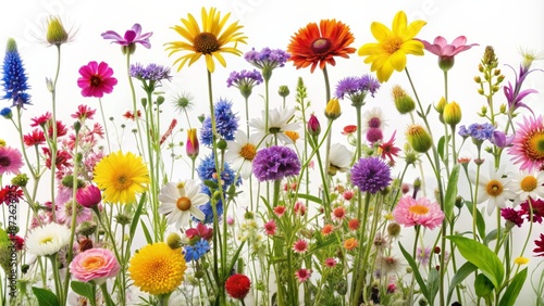 Vibrant, colorful assortment of delicate wildflowers in various shapes and sizes standing upright against a clean, blank, white background.