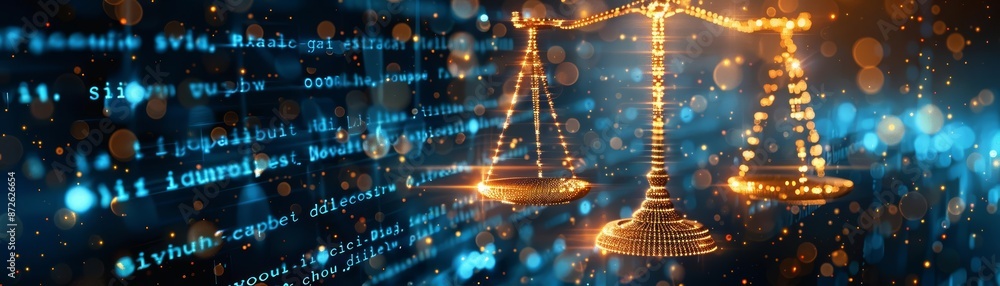 Obraz premium Abstract digital scales of justice with glowing bokeh lights.