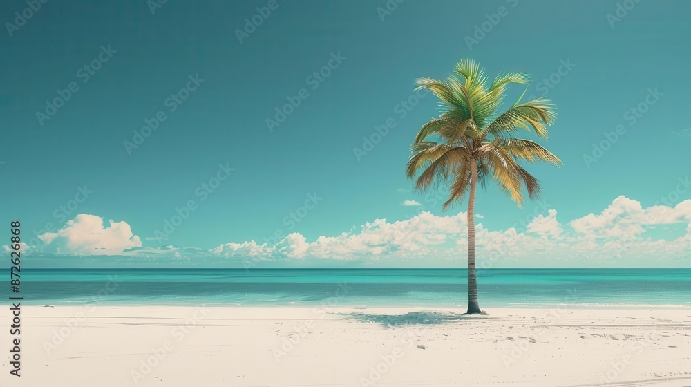 Obraz premium Minimalist beach scene with a single umbrella and plenty of room for text, ideal for travel and leisure promotions.