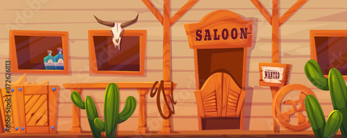 Wild west saloon exterior facade with double door entrance, wooden porch with railing, cactus and cow skull, broken wood wheel and wanted poster. Cartoon vector illustration of cowboy tavern.