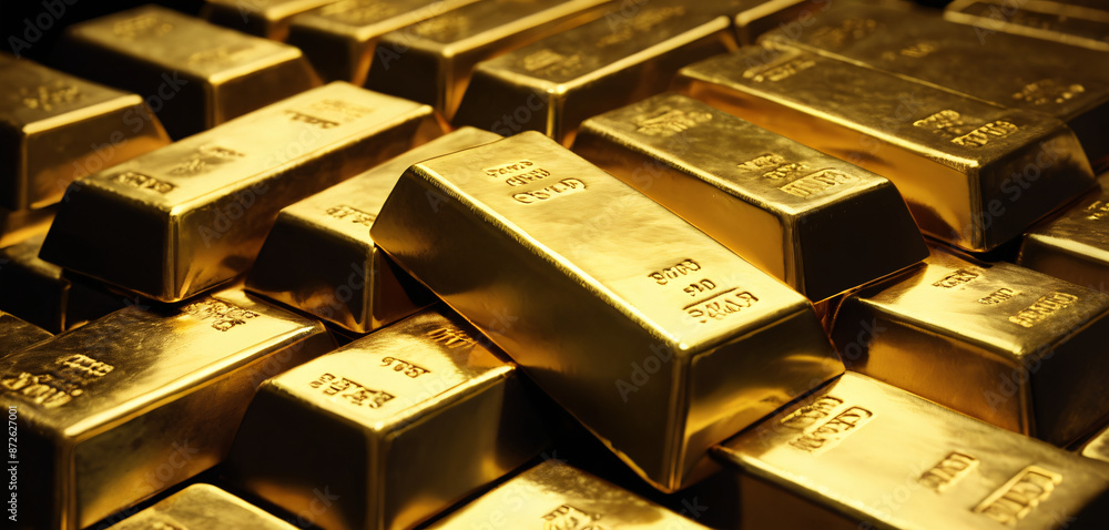 Stacks of pure gold bar on dark background. Large cast investment gold. Stacks of pure gold bar on dark background. Large cast investment gold.