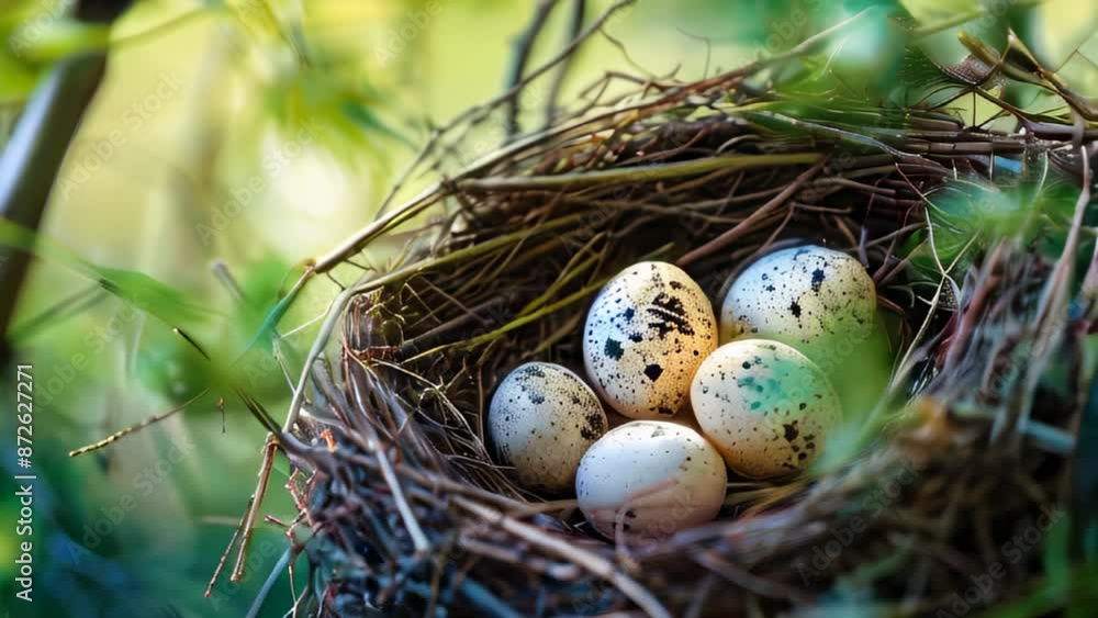Five speckled eggs in bird's nest surrounded by greenery Five speckled eggs in bird's nest surrounded by greenery