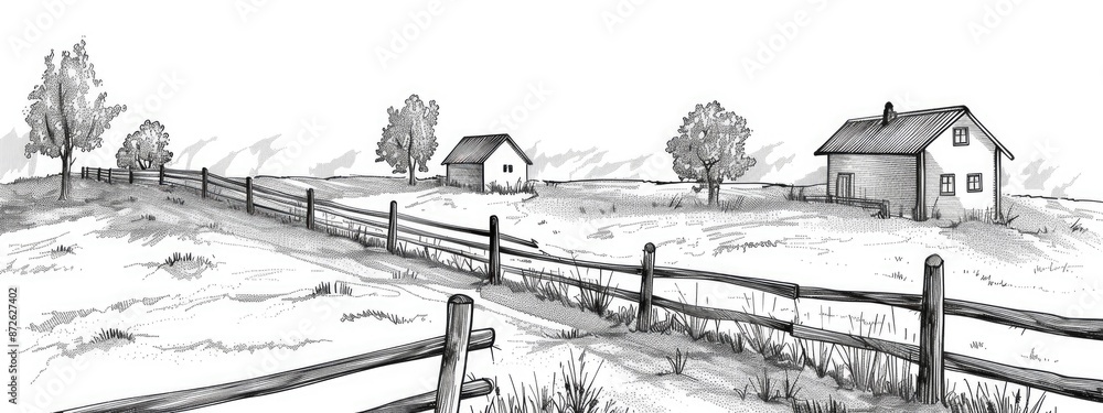 Fototapeta premium A rural landscape with rustic houses enclosed by a low wooden fence. Sketch illustration.
