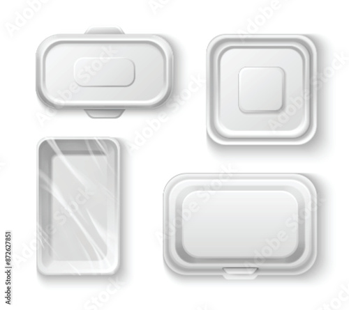 White plastic container and styrofoam tray with transparent wrap foil cover. Realistic 3d vector top view box mockup for product storage and take away concept. package for lunch and meal keeping.