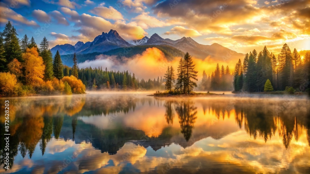 Fototapeta premium Serene golden morning breaks over calm lake, misty fog lifts, revealing majestic mountains, tranquil trees, and vibrant colorful sky.