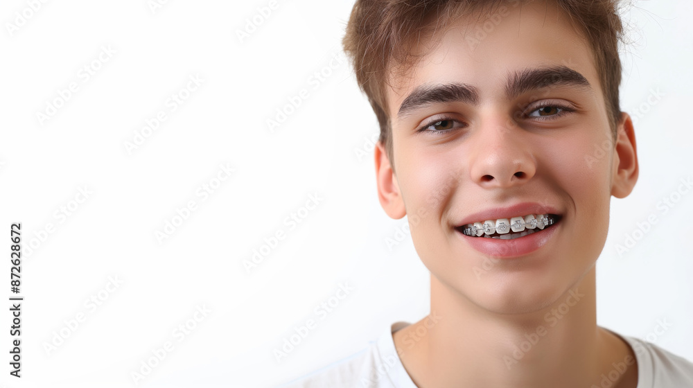 Teenage Boy Smile Transformation with Dental Braces - Teeth Healthcare Concept with copy space Teenage Boy Smile Transformation with Dental Braces - Teeth Healthcare Concept with copy space