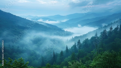 Hazy mountain landscape in morning mist