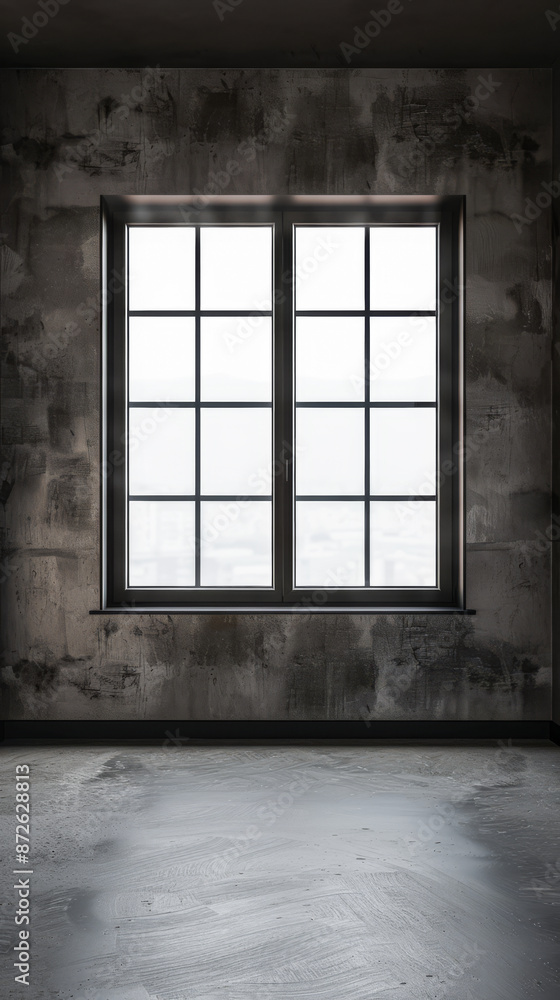 Fototapeta premium Large window in an empty luxurious room with minimal furniture and decor. Interiors designer composition for Real Estate advertising.