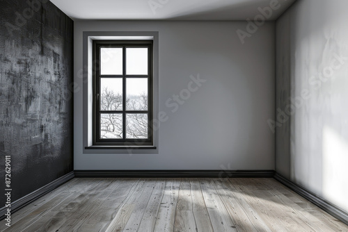 Large window in an empty luxurious room with minimal furniture and decor. Interiors designer composition for Real Estate advertising.