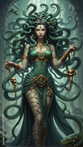 Medusa, the Gorgon, with Snakes and Skulls