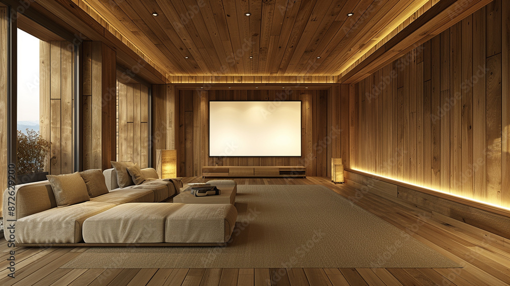 Fototapeta premium Elegant home theater with wooden paneling, plush seating, and a luxurious design.